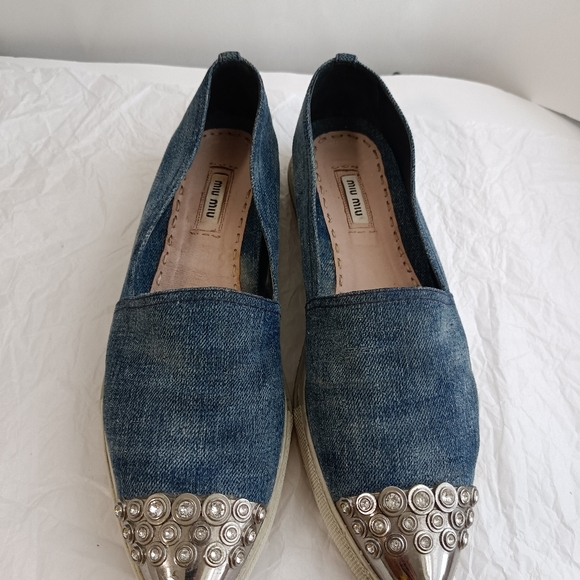 🆕 Miu Miu Denim Crystal Silver Platform Loafers size 10 - Picture 11 of 16